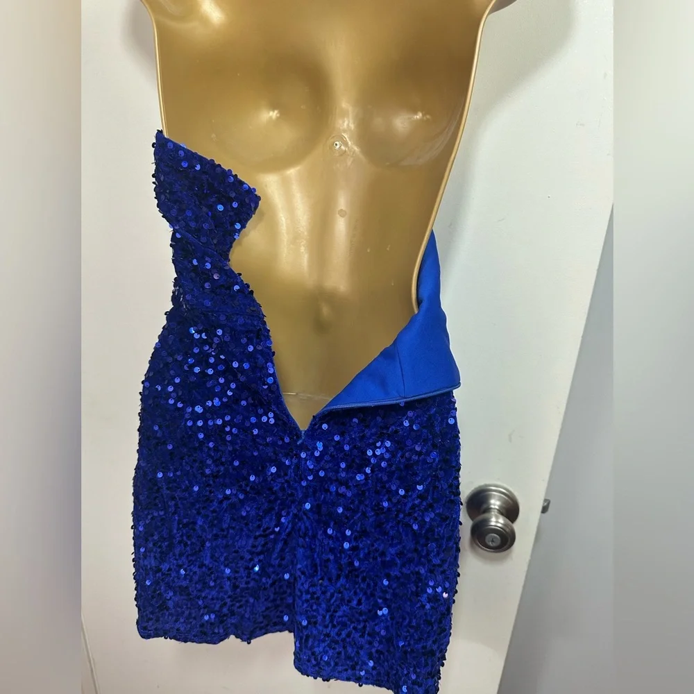 Lulus Royal Blue Elevated Dazzle Velvet Sequin Fringe Halter Mini Dress NWT L - Picture 11 of 16